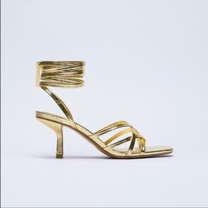 Metallic Tied Heeled Sandals - Gold